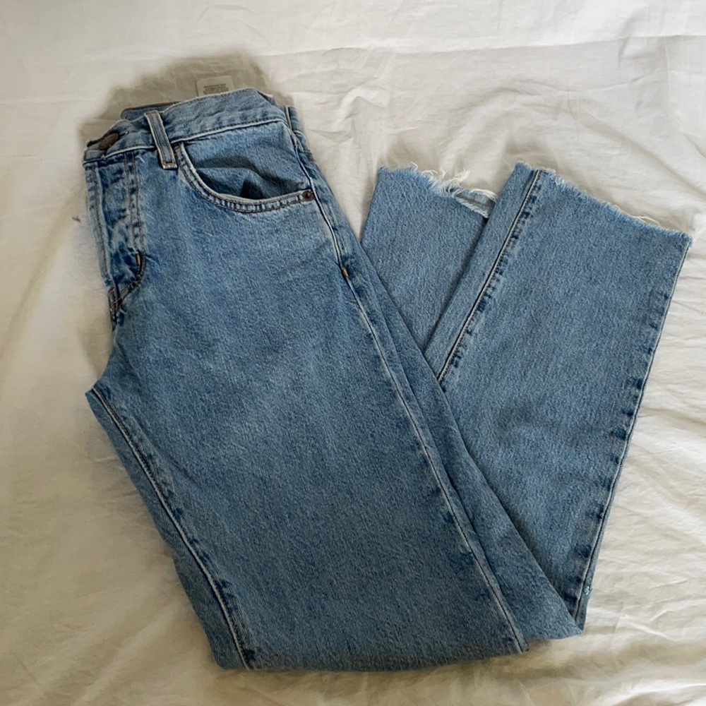 Straight mom jeans with raw hem
